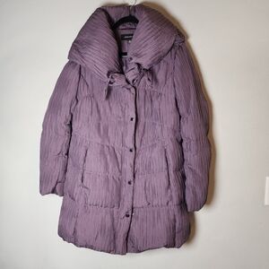 JNY Down Fill Purple Pleated Parka Coat Large Pillow Hood Size Medium